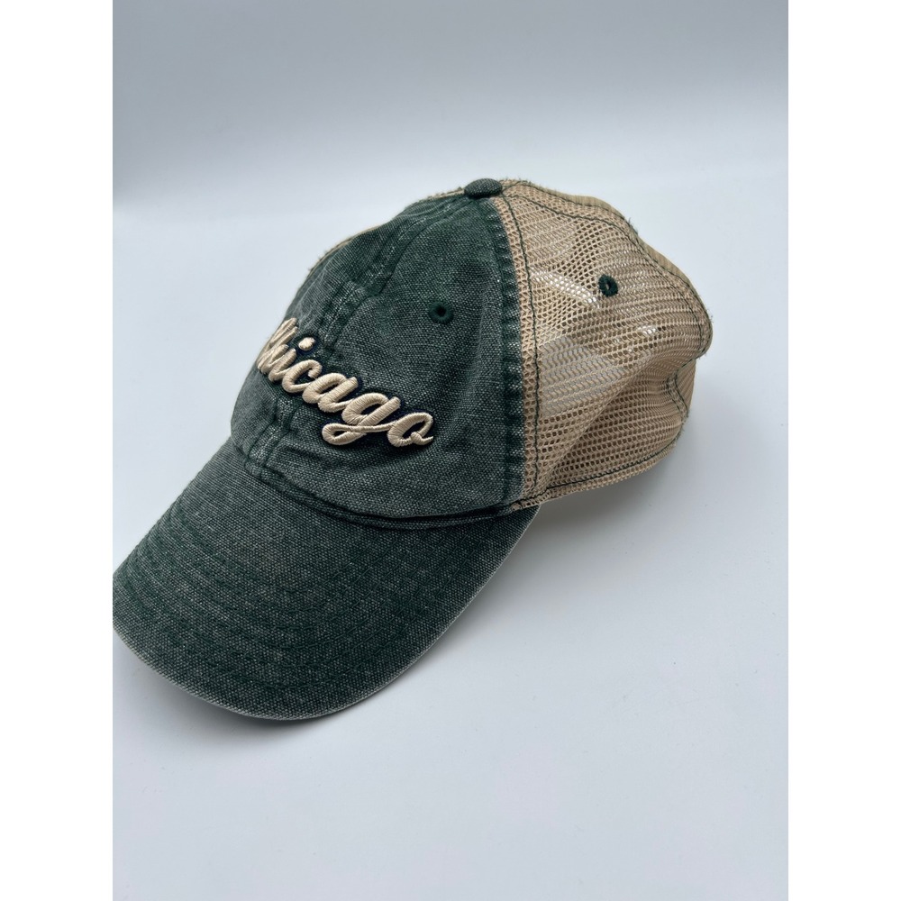 Chicago Script Trucker Hat Jacobson Hat Co Green Tan Mesh Snapback Cap